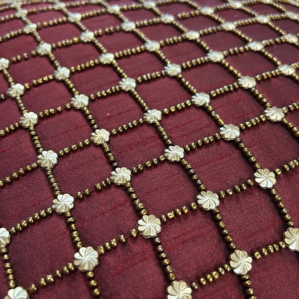 Pier 1 wine accent pillow with beaded details in gold.  Some beads missing. 16”.